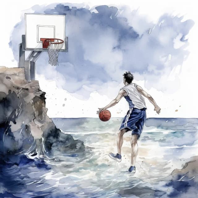 a watercolor painting of a basketball player aiming at the hoop