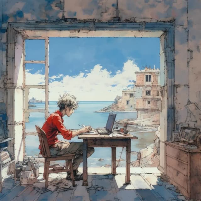 a watercolor painting of a coder working sitting at his desk