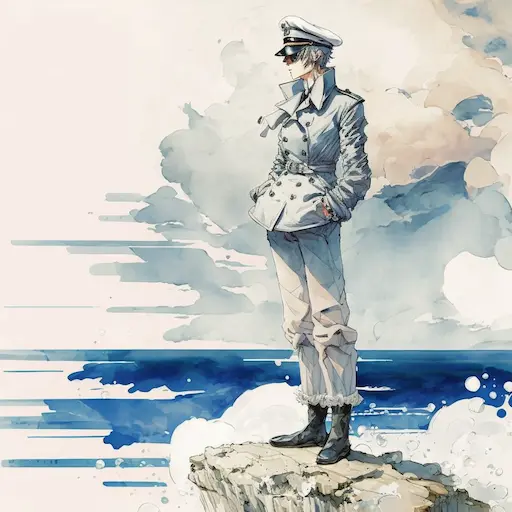 Corto Maltese character, full body, rough sea background, gray blue sky, watercolor painting