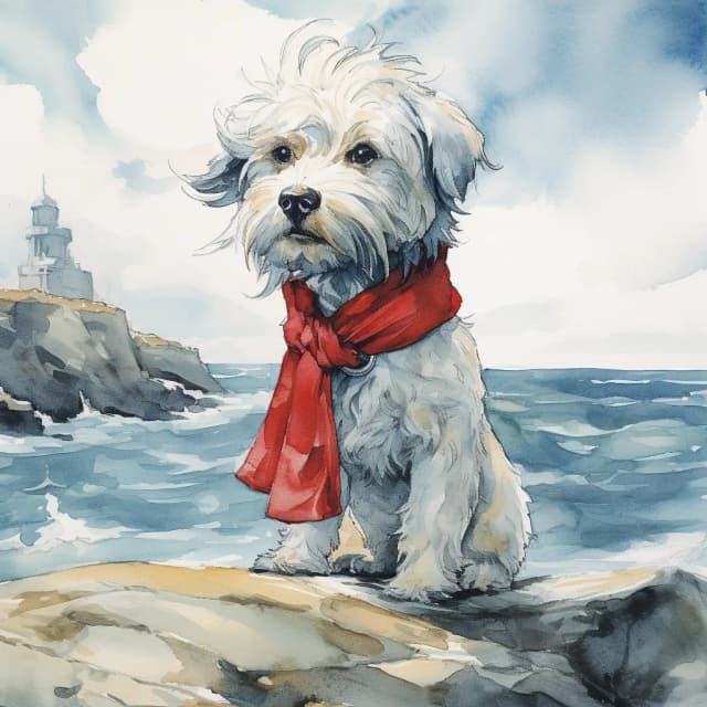 a watercolor painting of a dog with a red bandana near the shore