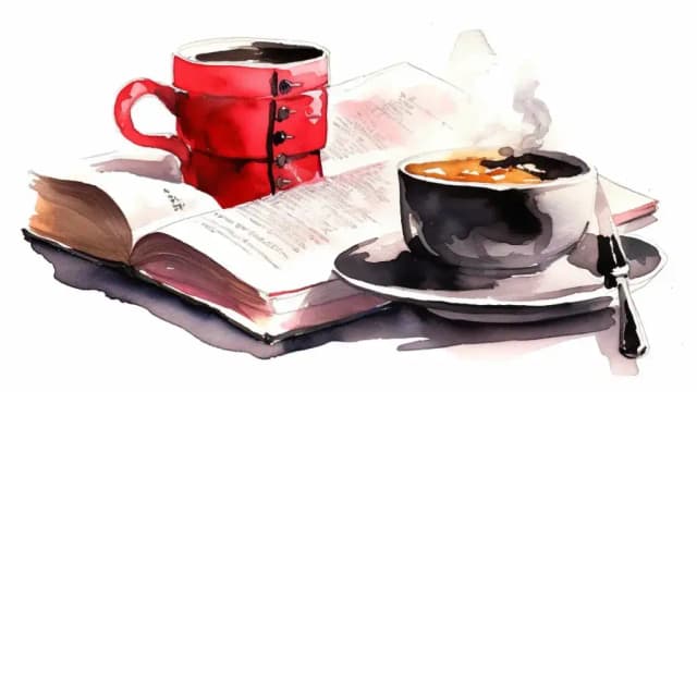 a watercolor painting of a book and a hot coffee