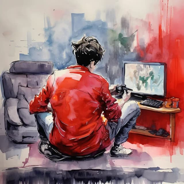 a watercolor painting of a gamer playing a videogame with enthusiasm